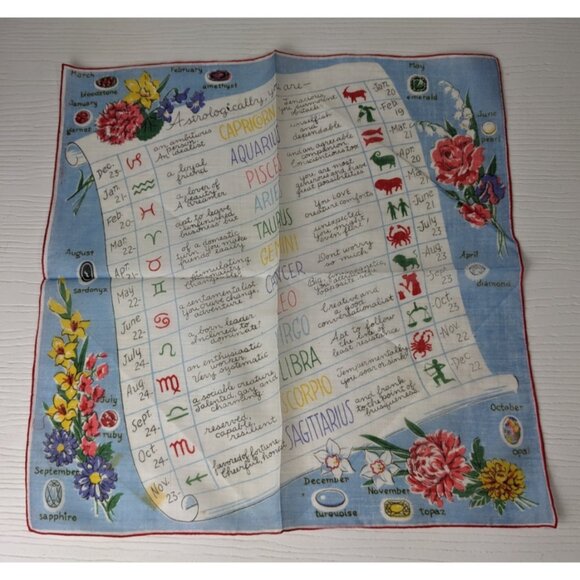 Vintage Handkerchief 1950’s Burmel Astrological Zodiac Signs chart floral 13 in - Picture 4 of 6